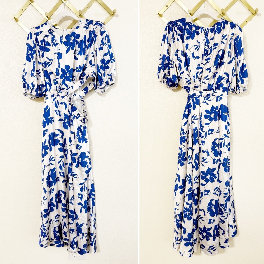 Petal & Pup Aminah Puff Sleeve Dress Blue White Floral Side Cut Out Midi Large - Picture 6 of 10